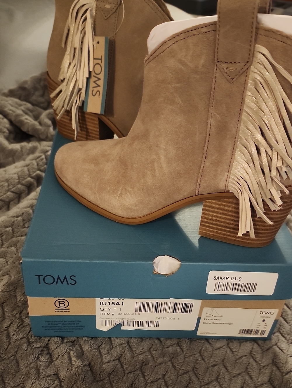 TOMS Taupe Suede Fringe Ankle Bootie